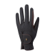 Schwarze Haustierpflegehandschuhe mit strukturiertem Griff, mit einem braunen Akzent und einem kleinen Logo im Handgelenkbereich.