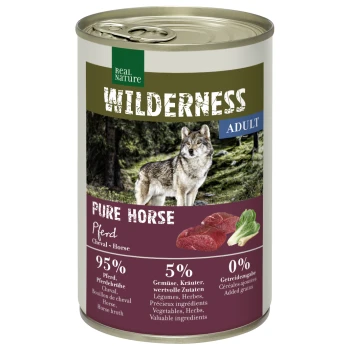WILDERNESS Nourriture humide Chien Adulte PURE HORSE  Cheval 6x400 g Nourriture pour animaux en conserve étiquetée "Wilderness Adult Pure Horse" avec un loup sur le devant, contenant 95 % de viande de cheval, 5 % de légumes et 0 % de céréales ajoutées.