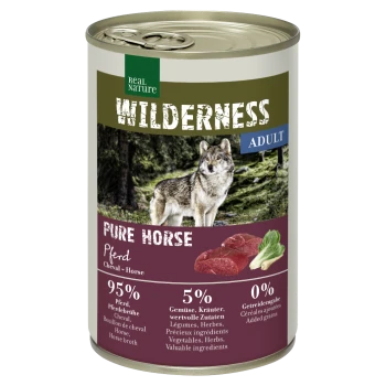 Dosen-Hundefutter mit der Aufschrift "Wilderness Adult Pure Horse" mit einem Wolf auf der Vorderseite, mit 95% Pferdefleisch, 5% Gemüse und 0% zugesetzten Getreide.
