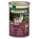 Dosen-Hundefutter mit der Aufschrift "Wilderness Adult Pure Horse" mit einem Wolf auf der Vorderseite, mit 95% Pferdefleisch, 5% Gemüse und 0% zugesetzten Getreide.
