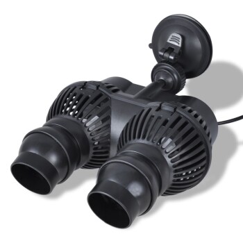 Schwarze doppelte Aquarienwasserpumpe mit Saugnapfhalterung, mit zwei großen Ausgängen und einem Stromkabel.