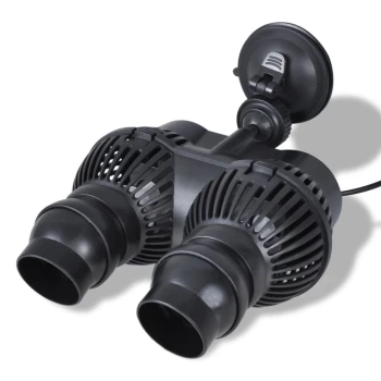 Schwarze doppelte Aquarienwasserpumpe mit Saugnapfhalterung, mit zwei großen Ausgängen und einem Stromkabel.