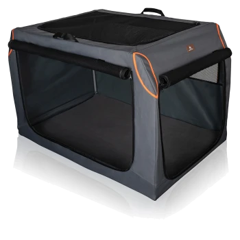 Portables graues Haustier-Spielgehege mit Netzoberseite und -seiten, mit orangefarbenen Akzenten und einem stabilen Design für den Innen- oder Außenbereich.