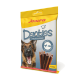 Hundeleckerli-Verpackung mit "Josera Denties" mit Geflügel und Heidelbeere, zeigt einen glücklichen Hund und gibt an "Getreidefrei" und "7 Sticks."