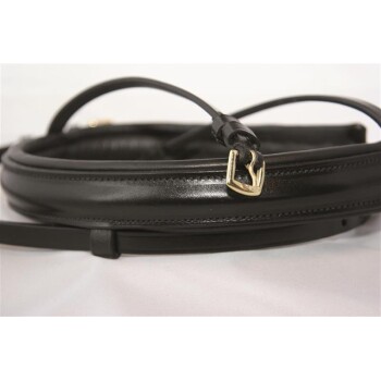 Schwarze Leder-Hundeleine mit glänzender Oberfläche und goldener Schnalle, ordentlich auf einem weißen Hintergrund gewickelt.