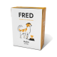 Karton mit Hundefutter, beschriftet mit "FRED", mit einem Cartoon-Hund und dem Text "Huhn mit Reis" auf weißem Hintergrund.