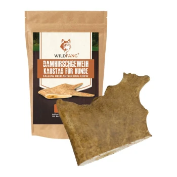 ® Damhirsch Kaugeweih L Damhirschgeweih-Hundekauartikel von Wildfang, präsentiert mit einer braunen Verpackung mit dem Text 'Damhirschgeweih Kaustab für Hunde.'
