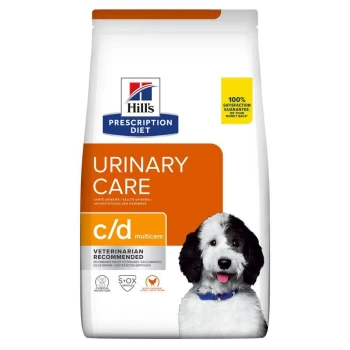 Hill's Prescription Diet Urinary Care c/d Multicare Hundefutterbeutel mit einem schwarz-weißen Hund auf der Vorderseite, beschriftet mit "Vom Tierarzt empfohlen."