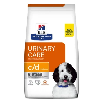 Hill's Prescription Diet Urinary Care c/d Multicare Hundefutterbeutel mit einem schwarz-weißen Hund auf der Vorderseite, beschriftet mit "Vom Tierarzt empfohlen."