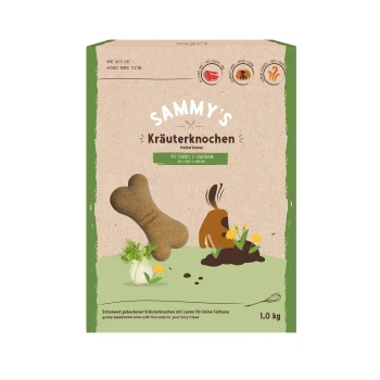 Verpackung für Sammys Kräuter-Knochen mit einem knochenförmigen Leckerli, mit Zutaten wie Fenchel und Löwenzahn, 1,0 kg.