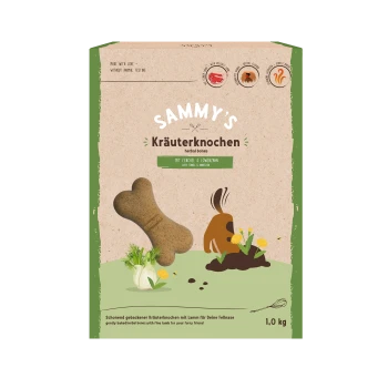 Emballage pour les os à base de plantes de Sammy, présentant une friandise en forme d'os, avec des ingrédients listés comme le fenouil et le pissenlit, 1,0 kg.