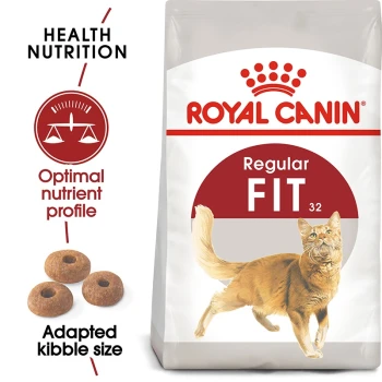 Royal Canin Regular Fit cat food bag with a running cat illustration and text on health nutrition, nutrient profile, and kibble size.