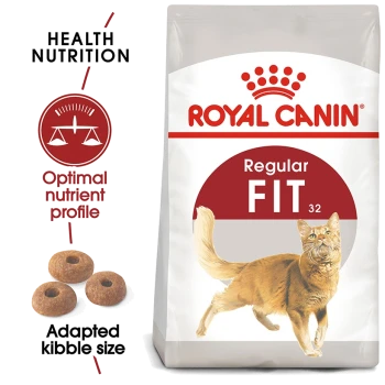 Royal Canin Regular Fit cat food bag with a running cat illustration and text on health nutrition, nutrient profile, and kibble size.