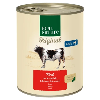 Dose mit Real Nature Original Adult Hundefutter mit Rindfleisch, Kartoffeln und schwarzem Kümmelöl, mit einer Kuhillustration und mehrsprachigen Etiketten.