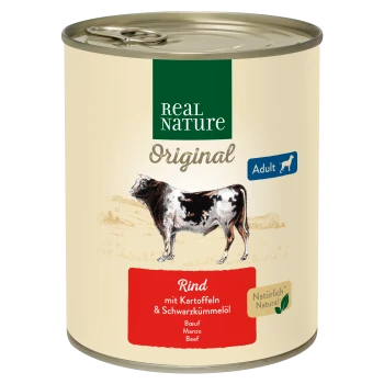 Dose mit Real Nature Original Adult Hundefutter mit Rindfleisch, Kartoffeln und schwarzem Kümmelöl, mit einer Kuhillustration und mehrsprachigen Etiketten.