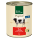 Dose mit Real Nature Original Adult Hundefutter mit Rindfleisch, Kartoffeln und schwarzem Kümmelöl, mit einer Kuhillustration und mehrsprachigen Etiketten.