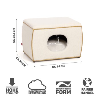 Gemütliches cremefarbenes Haustierhaus mit ovalem Eingang (54x35x37,5 cm), mit Stabilitäts-, umweltfreundlichen, ergonomischen und fairen Handels-Symbolen.