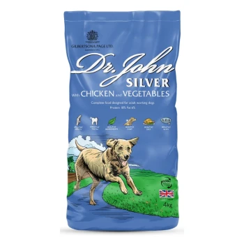 Blauer 15-kg-Sack Dr. John Silver Hundefutter mit Huhn, Gemüse, laufender Hund-Illustration und 18% Protein, 6% Fett.