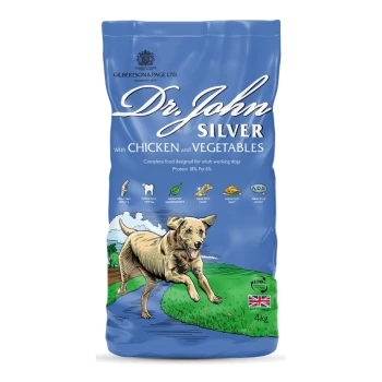 Blauer 15-kg-Sack Dr. John Silver Hundefutter mit Huhn, Gemüse, laufender Hund-Illustration und 18% Protein, 6% Fett.
