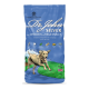 Blauer 15-kg-Sack Dr. John Silver Hundefutter mit Huhn, Gemüse, laufender Hund-Illustration und 18% Protein, 6% Fett.