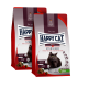 Zwei Beutel Happy Cat Adult Sterilised Bayerisches Rind Katzenfutter mit Bild einer schwarzen Katze und XL Kroketten dargestellt.