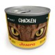 Dose Katzenfutter "Josera Adult Chicken", zeigt eine Nahaufnahme eines Katzenkopfes mit grünen Augen, beschriftet als getreidefrei und deutsche Qualität.