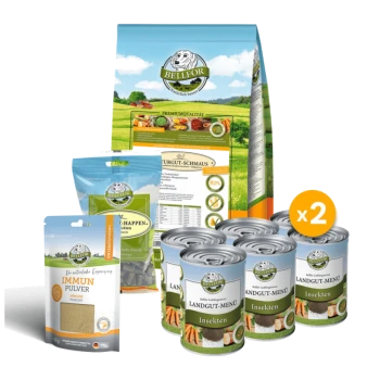 Bellfor Haustierfutterprodukte: ein großer Trockenfutterbeutel, Immunpulver, weiche Snacks und sechs Dosen mit insektengestütztem Nassfutter, gekennzeichnet mit "x2."