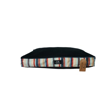 Rectangular pet bed cushion with dark navy top, multicolored striped sides and a 'Beddies' label and hang tag.