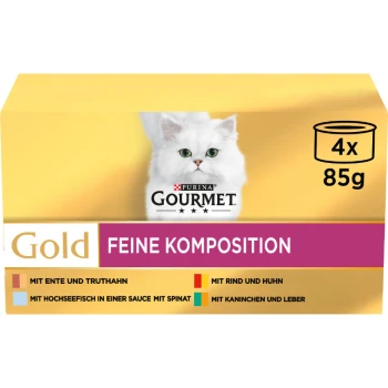 Packung mit Purina Gourmet Gold Katzenfutter, die eine weiße Katze auf der Vorderseite zeigt, mit Geschmäckern wie Ente, Huhn und Fisch.