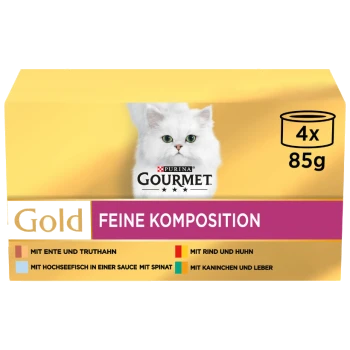 Packung mit Purina Gourmet Gold Katzenfutter, die eine weiße Katze auf der Vorderseite zeigt, mit Geschmäckern wie Ente, Huhn und Fisch.