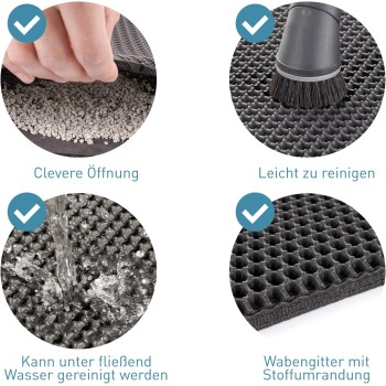 Haustiermatte Merkmale: clevere Öffnung, leicht zu reinigen, waschbar unter fließendem Wasser und Wabenstruktur mit Stoffkante.