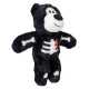Black plush dog toy bear with white smiling face, stitched skeleton bones and small red heart on its chest.