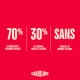 Publicité rouge : 70 % d'ingrédients d'origine animale, 30 % de légumes/fruits/plantes, sans céréales ni pommes de terre — logo Carnilove
