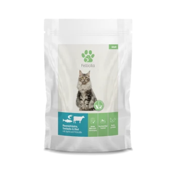 Verpackung für Katzenfutter mit der Aufschrift 'Felicita' und einer flauschigen grauen Katze, mit 'Erwachsene' und 'Meeresfrüchte, Seelachs & Rind mit Apfel und Petersilie.'