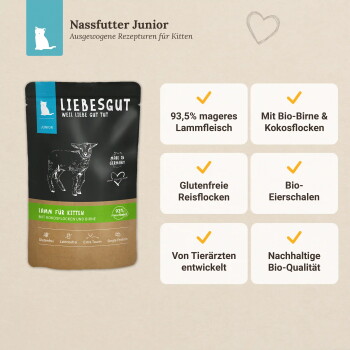 Liebesgut Junior Nassfutterbeutel „Lamm für Kitten“ mit Lammillustration; sichtbarer Text: 93,5 % mageres Lammfleisch