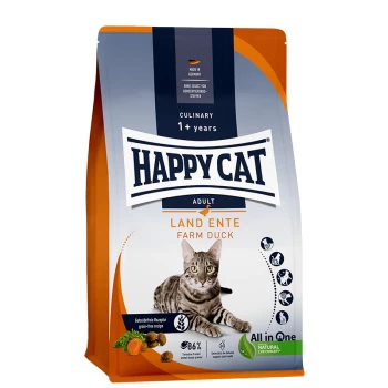 Eine Happy Cat Adult Katzenfuttertüte mit einer getigerten Katze, beschriftet "Land Ente Farm Duck", geeignet für Katzen ab 1 Jahr, getreidefreies Rezept.