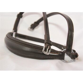 Braunes Leder-Haustiergeschirr mit verstellbaren Riemen und Metallverschlüssen, auf einem weißen Hintergrund präsentiert.
