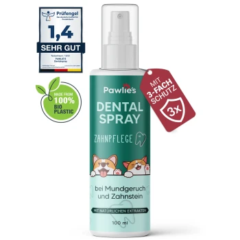 Pawlie's Dental Spray für Haustiere, 100 ml Flasche, mit verspielten Hundillustrationen und Text, der Vorteile gegen schlechten Atem und Zahnstein hervorhebt.