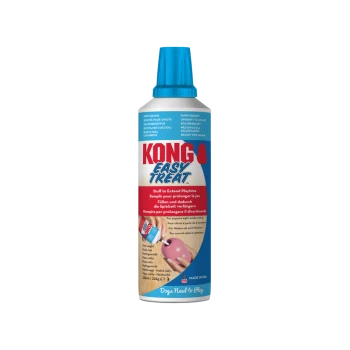 Bouteille KONG Easy Treat à presser avec bouchon bleu, l'étiquette indique « Easy Treat » et « Garniture pour prolonger le temps de jeu ».