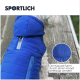 Eine blaue Haustierjacke mit Kapuze, mit einem weichen Innenfutter und zwei Seitentaschen, beschriftet mit "Leicht & warm" und "Federleicht und kuschelig warm."
