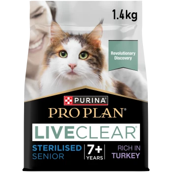 Purina Pro Plan LiveClear kattenvoerzak voor gesteriliseerde senior katten van 7+ jaar, rijk aan kalkoen, 1,4 kg.