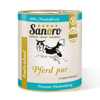 Dose Sanoro Hundefutter mit einer Grafik eines laufenden Hundes, beschriftet mit "Pferd pur" und "100% Muskelfleisch" sowie "Premium Hundenahrung."