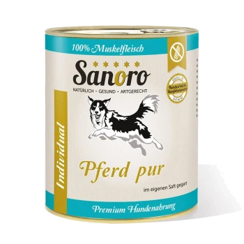 Dose Sanoro Hundefutter mit einer Grafik eines laufenden Hundes, beschriftet mit "Pferd pur" und "100% Muskelfleisch" sowie "Premium Hundenahrung."