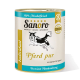 Dose Sanoro Hundefutter mit einer Grafik eines laufenden Hundes, beschriftet mit "Pferd pur" und "100% Muskelfleisch" sowie "Premium Hundenahrung."