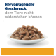 Eine weiße Schüssel mit stückigem Haustierfutter mit dem Text "Hervorragender Geschmack, dem Tiere nicht widerstehen können" in Blau und Grau.
