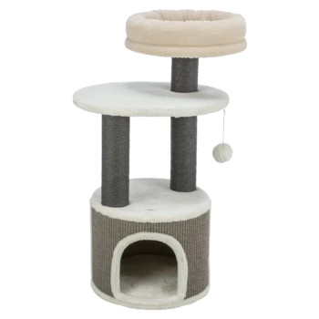Katzenbaum mit zwei Ebenen, der eine gemütliche obere Plattform, einen Kratzbaum und ein hängendes Ballspielzeug in sanften Beige- und Grautönen bietet.