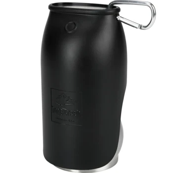 Black insulated pet water bottle with a stainless steel base and a carabiner clip, featuring the "Dog's Creek" logo.
