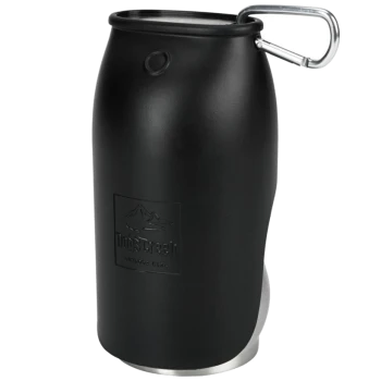 Black insulated pet water bottle with a stainless steel base and a carabiner clip, featuring the "Dog's Creek" logo.