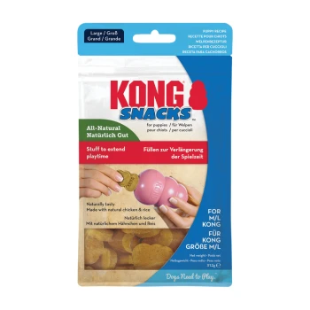 KONG Welpen-Snacks: Eine Hand hält ein pinkes Spielzeug, gefüllt mit natürlichen Leckereien wie Huhn und Reis.