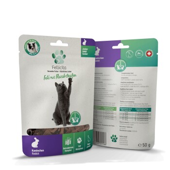 Fellicita Katzensnack-Beutel (Kaninchen) mit Pfotenlogo, graue Katze streckt sich nach oben, sichtbarer Text 'Fellicita' und 'Kaninchen (Rabbit)'